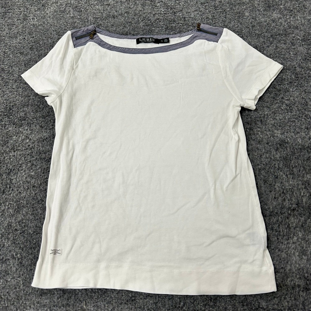 Lauren Ralph Lauren Shirt Womens XL White Cotton Boat Neck Shoulder Zipper Top